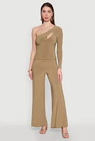 Womens Asymmetrical Cut Out One Shoulder Top, Green, Size L