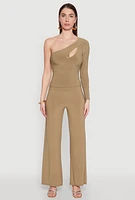 Womens Asymmetrical Cut Out One Shoulder Top, Green, Size L