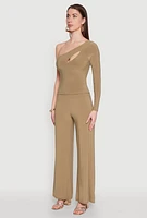 Womens Asymmetrical Cut Out One Shoulder Top, Green, Size L