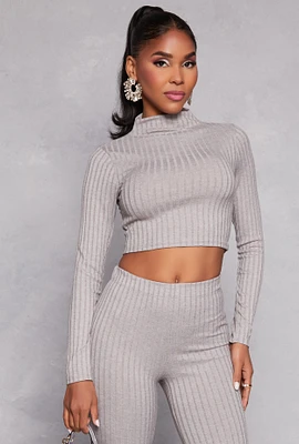 Womens Ribbed Knit Mock Neck Crop Top, Grey, Size M