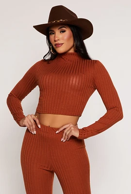 Womens Ribbed Knit Mock Neck Crop Top,