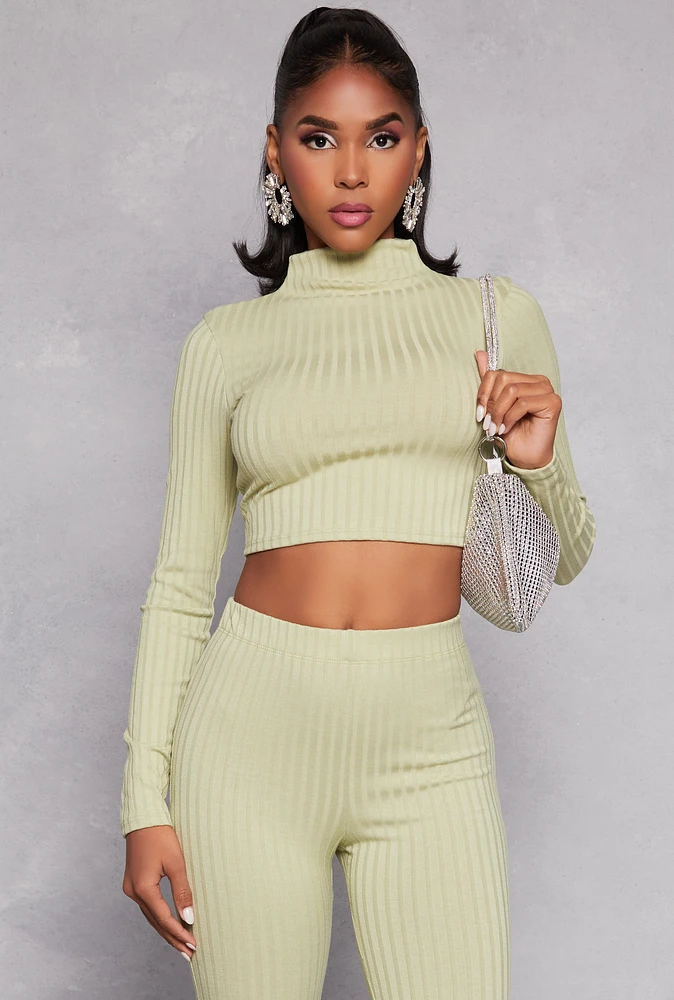 Womens Ribbed Knit Mock Neck Crop Top, Green, Size L