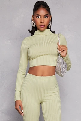 Womens Ribbed Knit Mock Neck Crop Top, Green, Size L