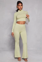 Womens Ribbed Knit Mock Neck Crop Top, Green, Size L