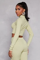 Womens Ribbed Knit Mock Neck Crop Top, Green, Size L