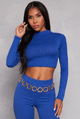 Womens Ribbed Knit Mock Neck Crop Top, M