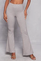 Womens Ribbed Knit High Waist Flare Pants, Grey, Size M
