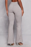 Womens Ribbed Knit High Waist Flare Pants, Grey, Size M