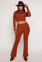 Womens Ribbed Knit High Waist Flare Pants, Brown, Size S