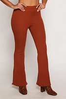 Womens Ribbed Knit High Waist Flare Pants, Brown, Size S