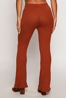 Womens Ribbed Knit High Waist Flare Pants, Brown, Size S