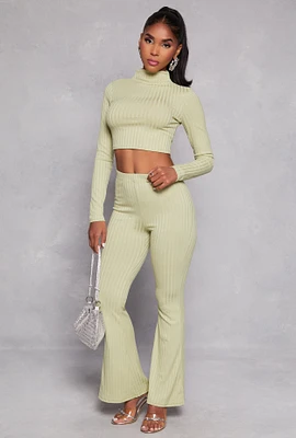 Womens Ribbed Knit High Waist Flare Pants, Green, Size XL