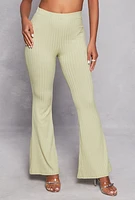 Womens Ribbed Knit High Waist Flare Pants, Green, Size XL
