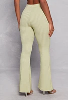 Womens Ribbed Knit High Waist Flare Pants, Green, Size XL