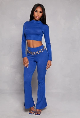Womens Ribbed Knit High Waist Flare Pants, Blue, Size S