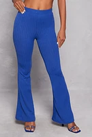 Womens Ribbed Knit High Waist Flare Pants, Blue, Size S