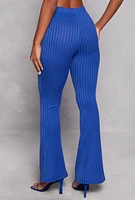 Womens Ribbed Knit High Waist Flare Pants, Blue, Size S