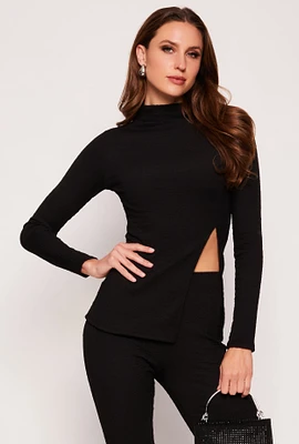 Womens Textured Knit Split Hem Blouse, Black, Size M
