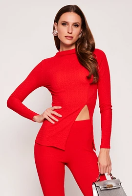 Womens Textured Knit Split Hem Blouse, Red,