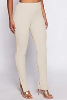 Womens Textured Knit Slit Hem Pull On Pants, Beige, Size XL