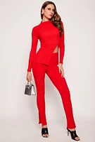 Womens Textured Knit Slit Hem Pull On Pants, Red, Size S