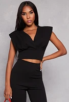 Womens Crepe Knit Padded Shoulder Crop Top, Black,