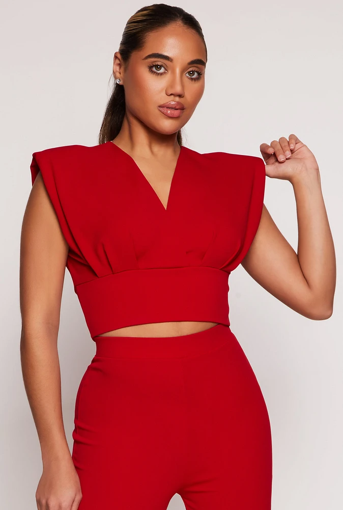 Womens Crepe Knit Padded Shoulder Crop Top, Red, Size L