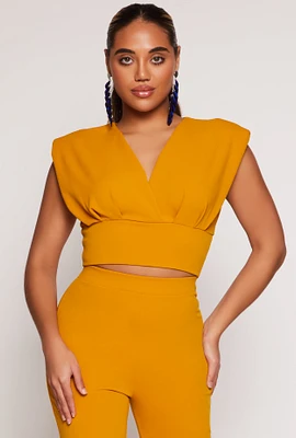 Womens Crepe Knit Padded Shoulder Crop Top, Yellow,