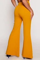 Womens Crepe Knit High Waist Flare Pants, Yellow,