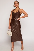 Womens Faux Leather Slit Back Pencil Skirt, Brown, Size L