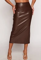 Womens Faux Leather Slit Back Pencil Skirt, Brown, Size L