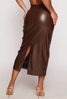 Womens Faux Leather Slit Back Pencil Skirt, Brown, Size L