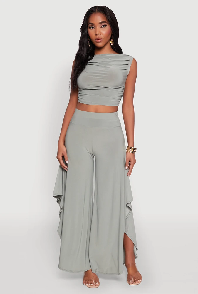 Womens Palazzo Pants with Wide Leg and Asymmetrical Design, Green, Size M