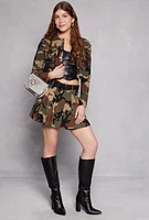 Womens Camo Buckle Belt Pleated Skirt, Green, Size L