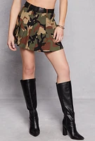 Womens Camo Buckle Belt Pleated Skirt, Green, Size L