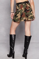 Womens Camo Buckle Belt Pleated Skirt, Green, Size L