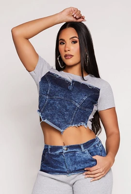 Womens Denim Corset Detail Crop Top, Multi, Size S