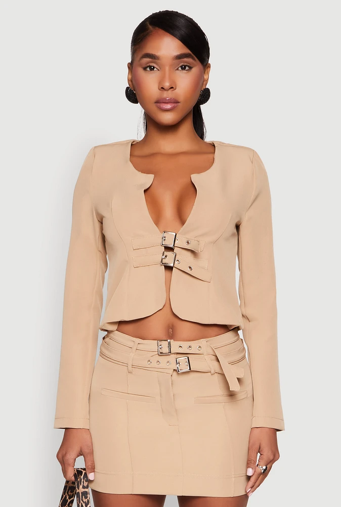 Womens Buckle Front Padded Shoulder Blazer,