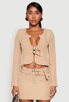 Womens Buckle Front Padded Shoulder Blazer,
