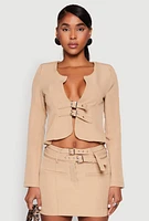 Womens Buckle Front Padded Shoulder Blazer,