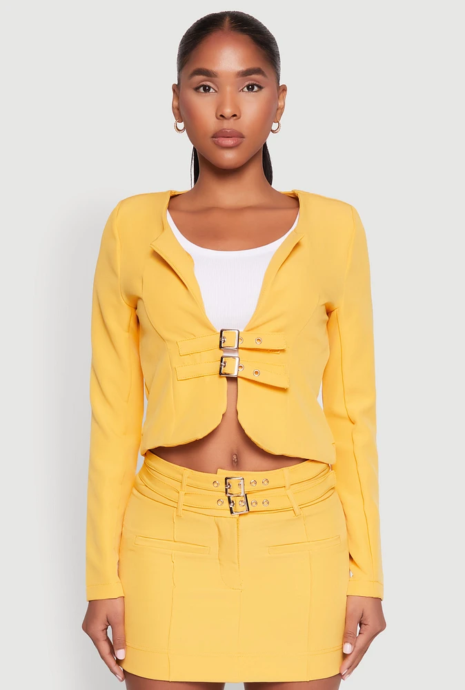 Womens Buckle Front Padded Shoulder Blazer, Yellow, Size M
