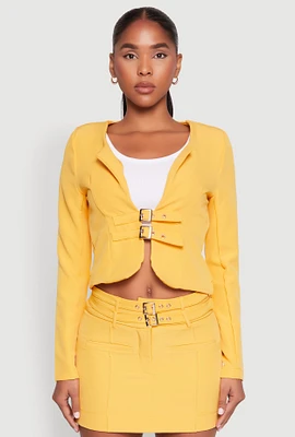 Womens Buckle Front Padded Shoulder Blazer, Yellow, Size M