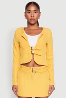 Womens Buckle Front Padded Shoulder Blazer, Yellow, Size L