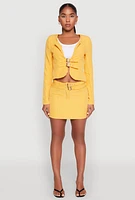 Womens Buckle Front Padded Shoulder Blazer, Yellow, Size L
