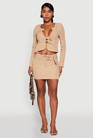 Womens Double Buckle Front Mini Skirt, Khaki,