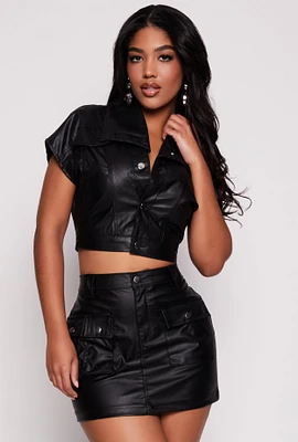 Womens Faux Leather Short Sleeve Cropped Jacket, Black, Size S