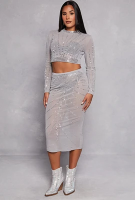 Womens Mesh Embellished Midi Skirt, Grey, Size M