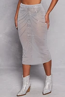 Womens Mesh Embellished Midi Skirt, Grey, Size L