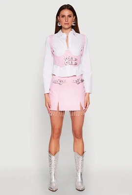 Womens Faux Leather Buckle Front Fringe Skirt, Pink, Size XL