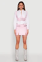 Womens Faux Leather Buckle Front Fringe Skirt, Pink, Size XL